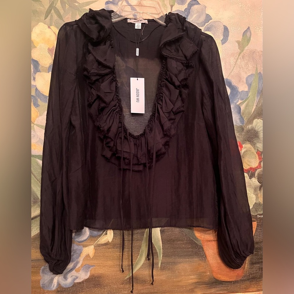 Jason Wu 2pc Black Ruffle V-Neck Blouse SZ S/P & Faux Leather Pant Sz XS/TP